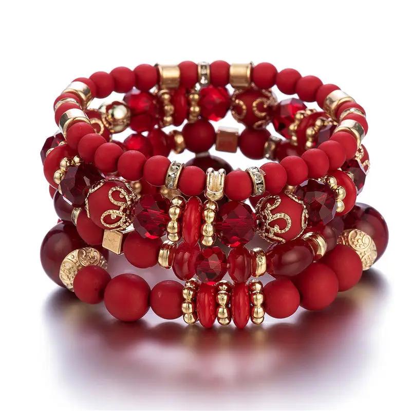 4Pcs Boho Crystal Beads Chain Bracelet Set For Women Vintage Heart Charm Elastic Bangle Men Fashion Party Jewelry
