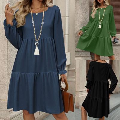 Vestido de Mujer Primavera y Verano Manga Abullonada Color Sólido Holgado Casual Vestido de Dama Simple Temperamento Cuello Redondo Línea A Vestidos de Manga Larga para Mujer