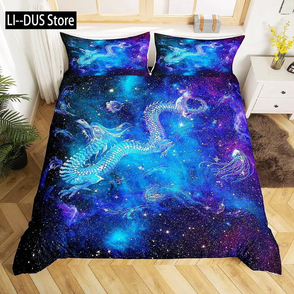 Comforter Dragon King Size Kids Mythical Animal Bedding Set Microfiber 2/3Pcs Set For Girls Women Black Gold Decor