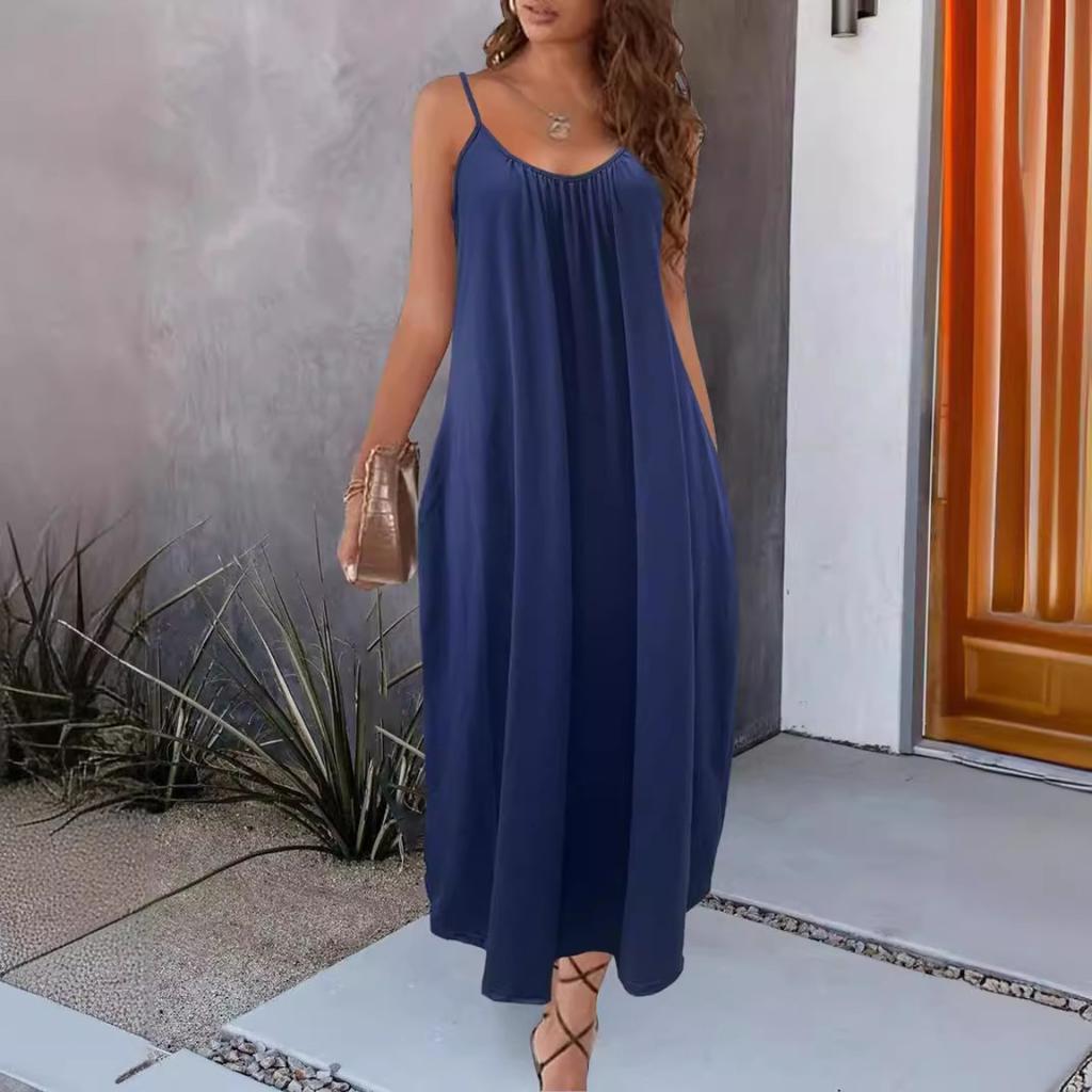 Women's Solid Color Low-cut V-neck Loose Laxy Style Sling Dress, Slimming Spring Summer Casual Dress for Foreign Trade