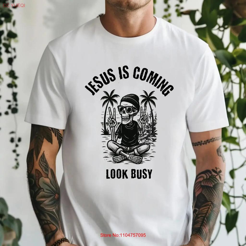 Jesus Is Coming Look Busy T Shirt Funny Christian With Peace Sign Skeleton Vintage Casual Versatile Stylish Comfortable