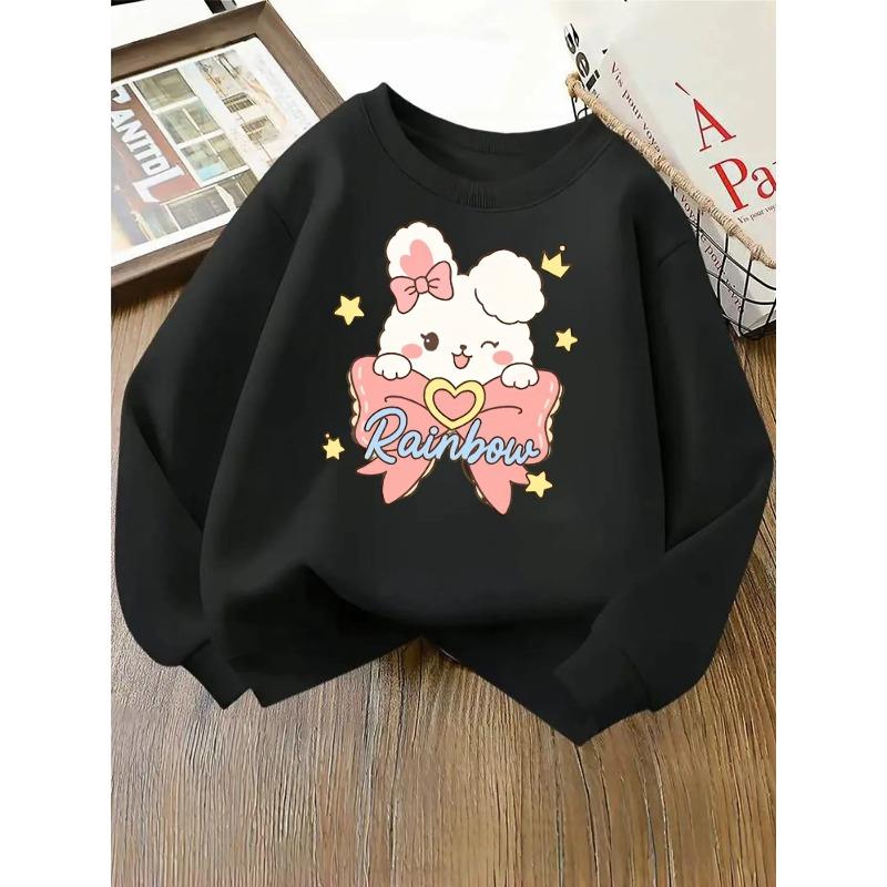 European Sizes Cute Bunny Rainbow Bow Star Crown Kids' Fashionable Crewneck Sweatshirt, Children's Long Sleeved T-shirt, Casual Multi Colored Option
