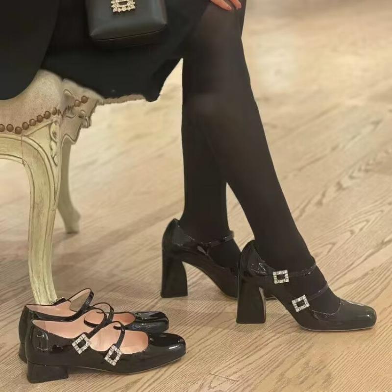New Style Mary Jane Chunky Heels Women's Square Head High Temperament Line with Rhindiamonds Patent Leather Professional Shoes