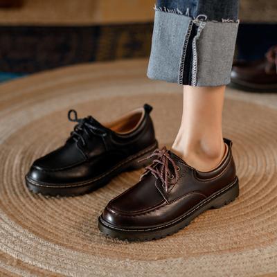 Brytyjski Styl Sznurowane Małe Skórzane Buty Damskie Wszechstronne Mokasyny na Platformie Kolekcjonerskie Retro Okrągły Czubek Gruby Obcas Pojedyncze Buty