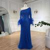 Blue elegant feather one-shoulder long-sleeved fishtail long dress high-end celebrity art test solo dress LA11191