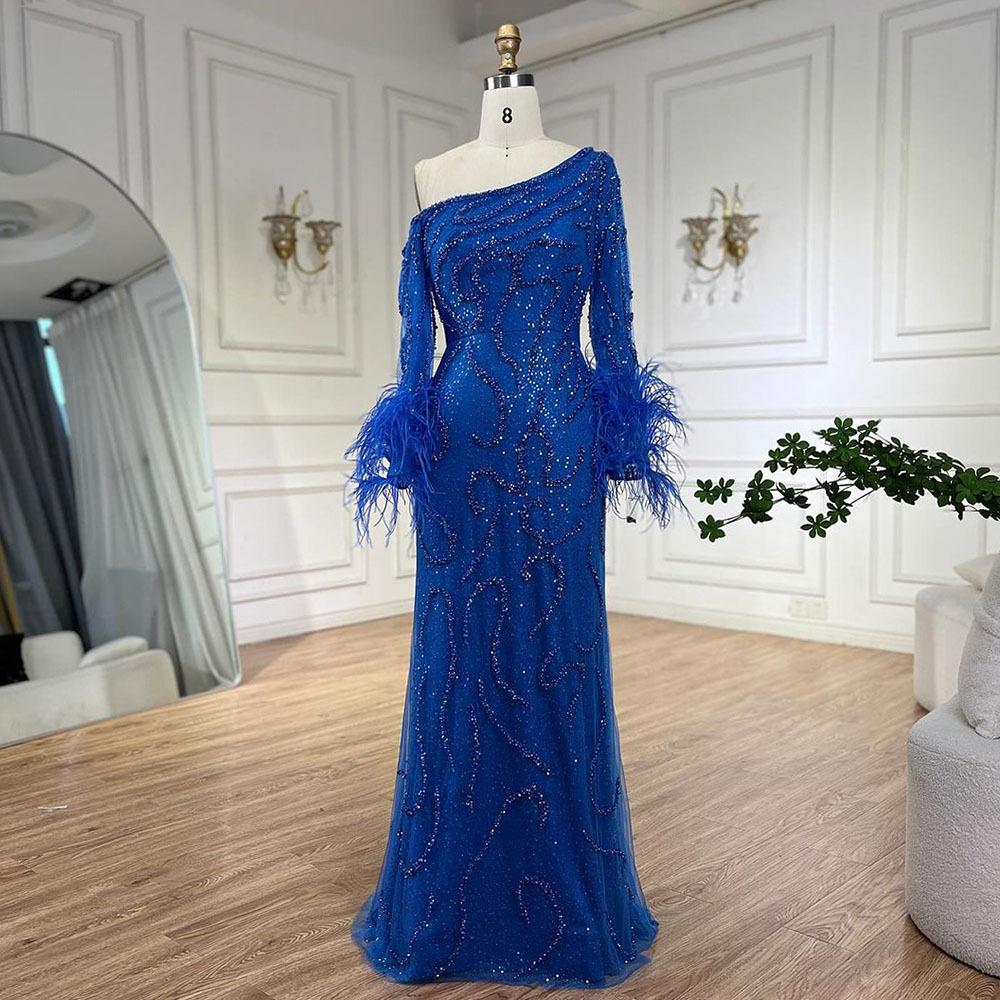 Blue elegant feather one-shoulder long-sleeved fishtail long dress high-end celebrity art test solo dress LA11191