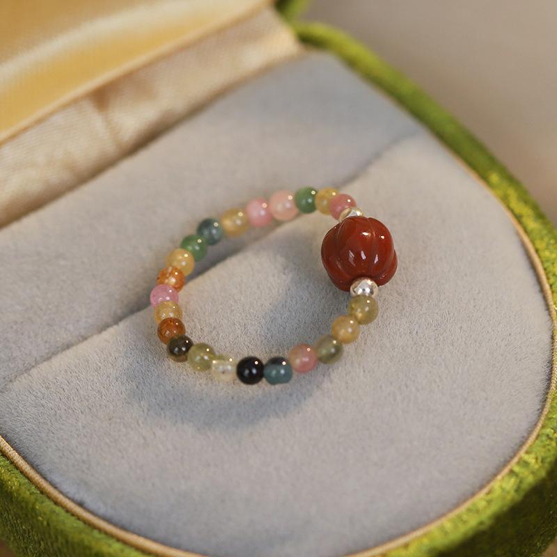 1Pc Rainbow Tourmaline Ring  Retro Handmade Metal Wire Winding Beaded Open Ring Female Jewelry