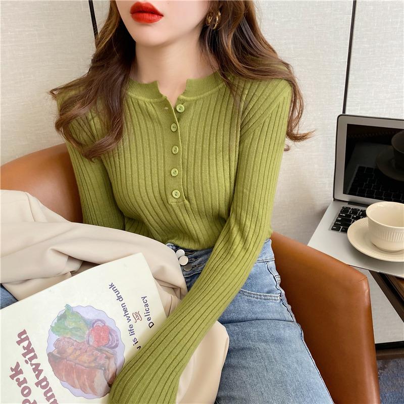 Fashion Crew Neck Knitted Women Pullover Sweater Autumn and Winter Long Sleeve Slim Fit Inner Bottoming Shirt Office Elegant Buttons Tops Clothing