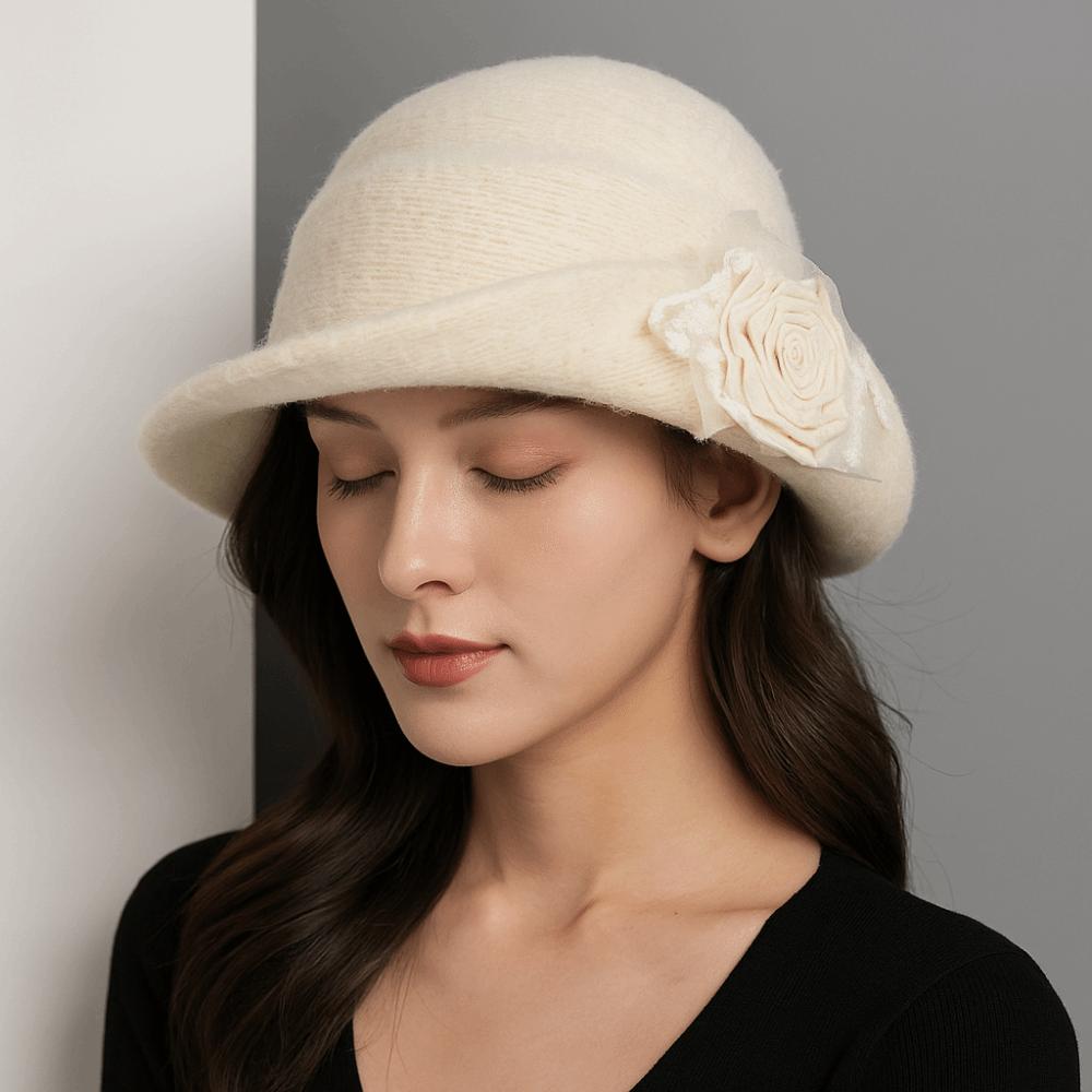 Retro Blumen Hepburn Stil Topper Hut Französischer Stil Spitze Schwarzer Strickhut Übergroßer Breiter Rand Damen Fischerhut Kirche