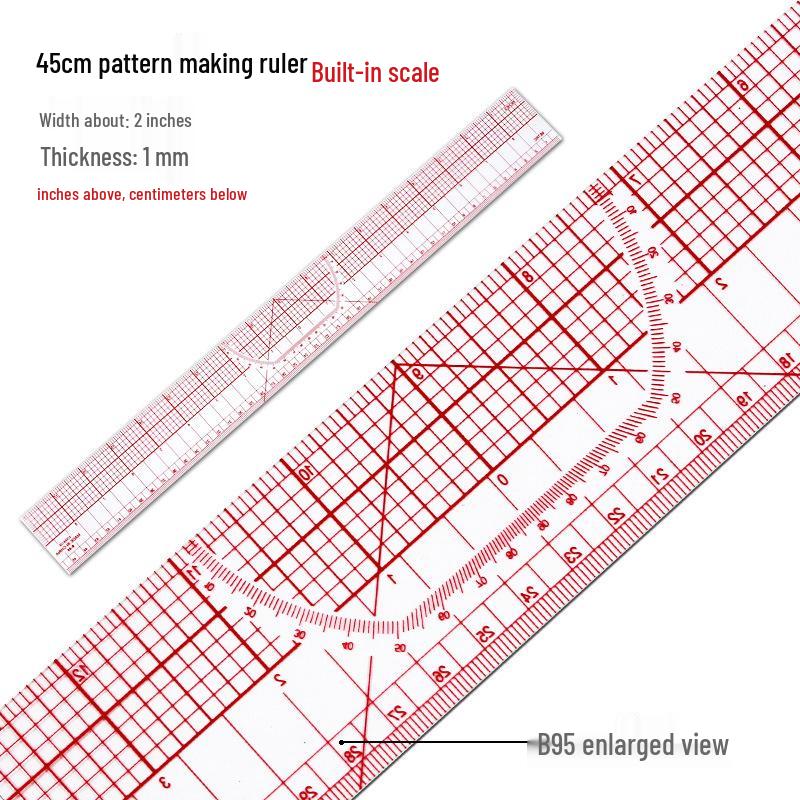 

B95 Built-in Scale 45CM Metric/Imperial Pattern Making Ruler for Tailoring
