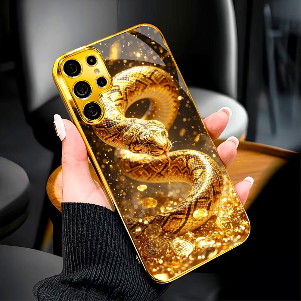 Golden Snake & Fortune Coins phone case glass s26 ultra case mobile phones for Samsung Galaxy S26 S25 S24 S23 S22 FE Ultra Plus
