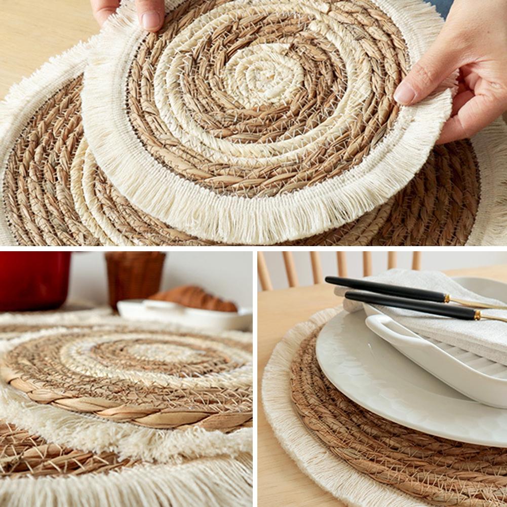 25/38cm Straw Hand-woven Placemat Tassel Round Cup Mat Bowl Mat