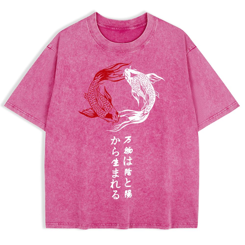 Japanese Koi Harajuku Printing Washed T-Shirts Mens Cotton Oversized T Shirt Summer Short Sleeve Tops O-Neck Clothes