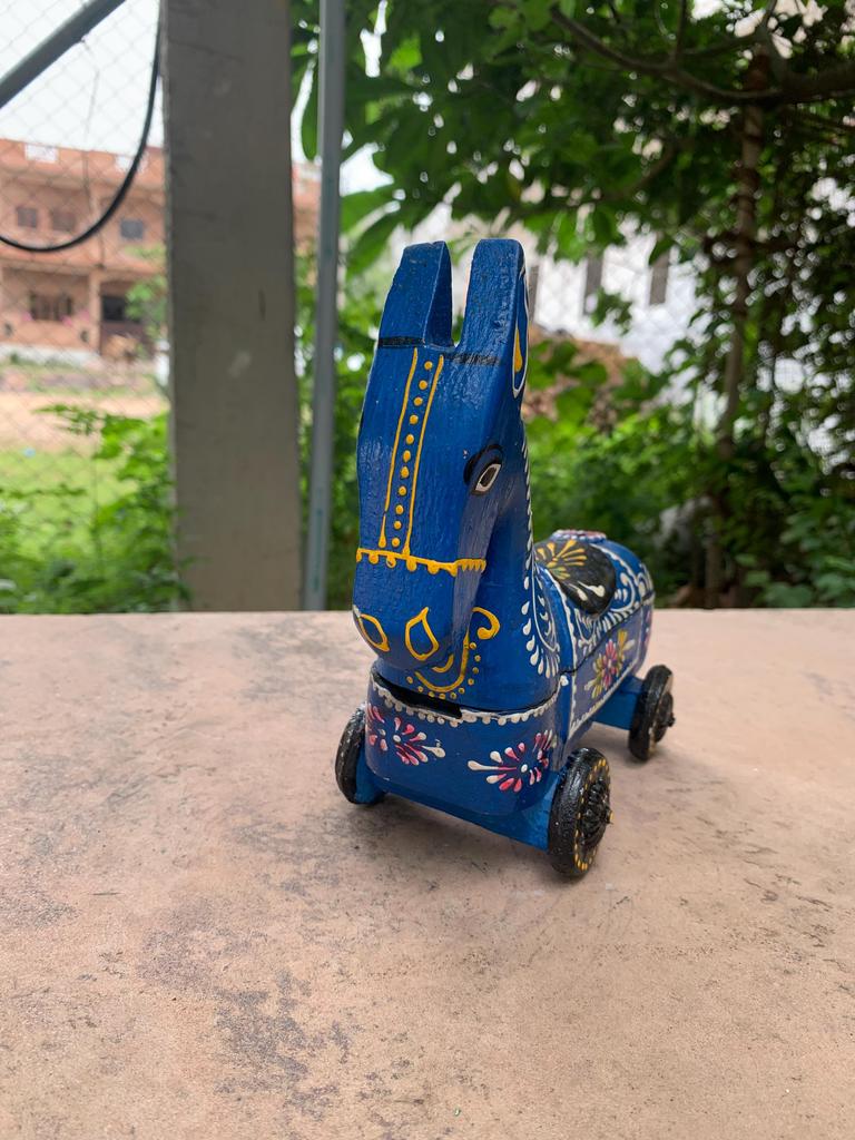 Hand Carved Blue Wooden Horse: Indian Spice Box, Rolling Toy