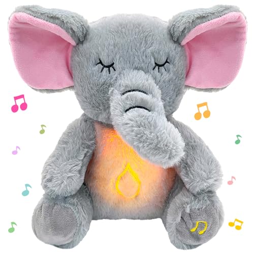 Baby Sleep Aid Soother with Heartbeat Sound, White Noise Music & Soft Light, Newborn Calming Toy, Plush Elephant Stuffed Animal for 0-1 Month+