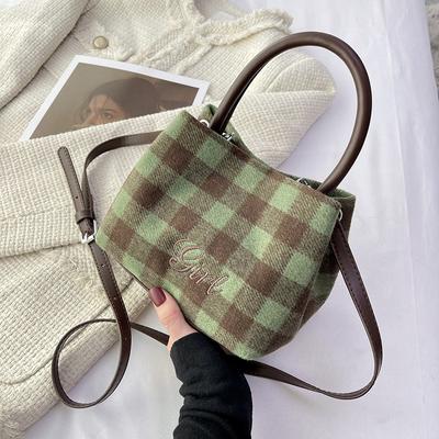Plaid Women's Bag, Autumn and Winter Style, Versatile Handbag, Retro Fashion Bucket Bag, Crossbody Bag, Shoulder Bag