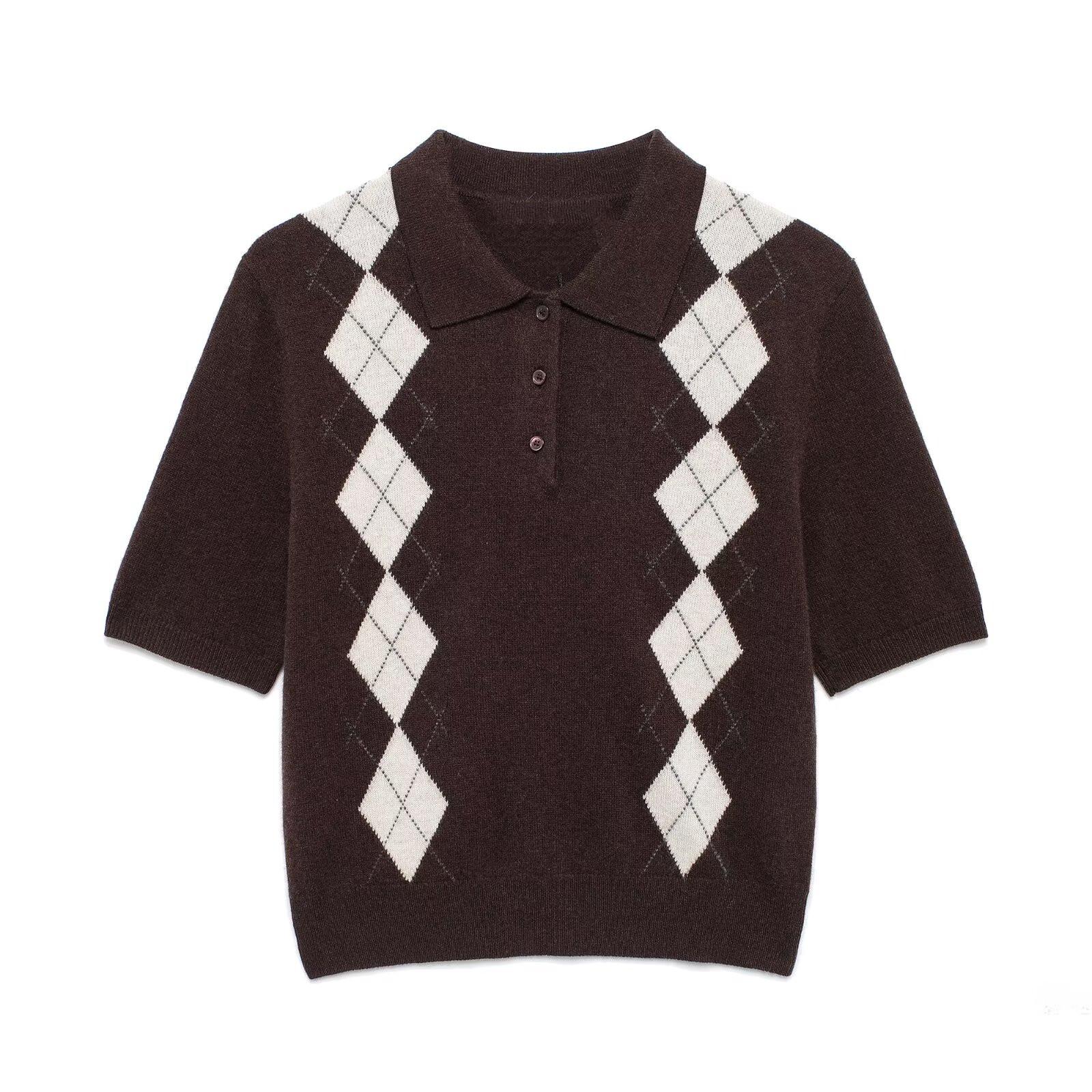 

Женская приталенная футболка-поло с коротким рукавом, вязаная ромбовидным узором, весна 2025 Large каштановый