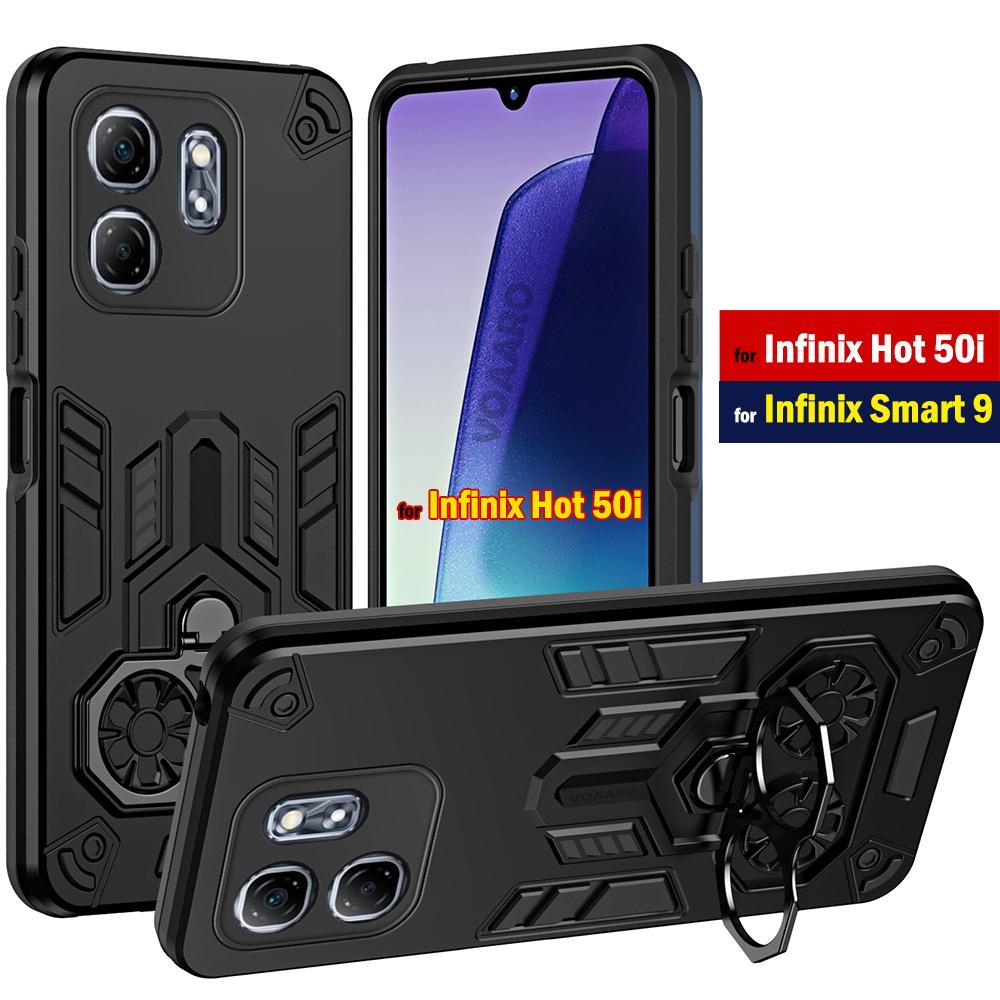 Dual Finger Ring Armor Cover for Infinix Hot 50i Case for Infinix Smart 9 Rotate Metal Bracket Kickstand Case Shockproof Capa