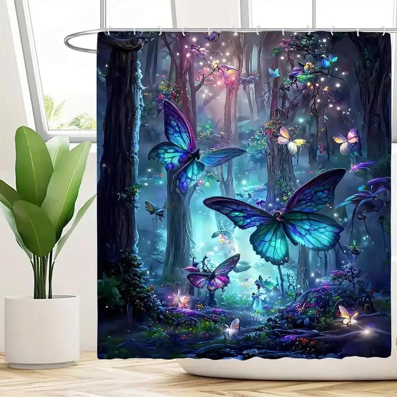 Butterfly Print Shower Curtain Family Bathroom Decoration Polyester Fabric Bathtub Curtain Bathroom Partition Room Decoration
