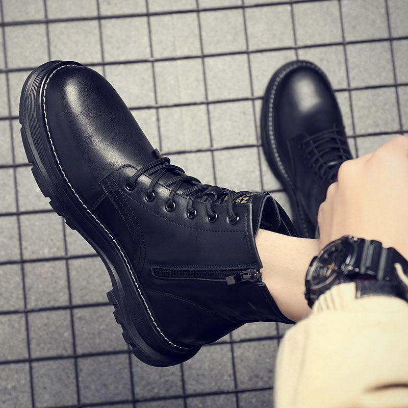 Men's Winter Cotton Fleece-Lined Martin Boots: High-Top, Thick-Sole British Style Workwear Shoes for Snow.