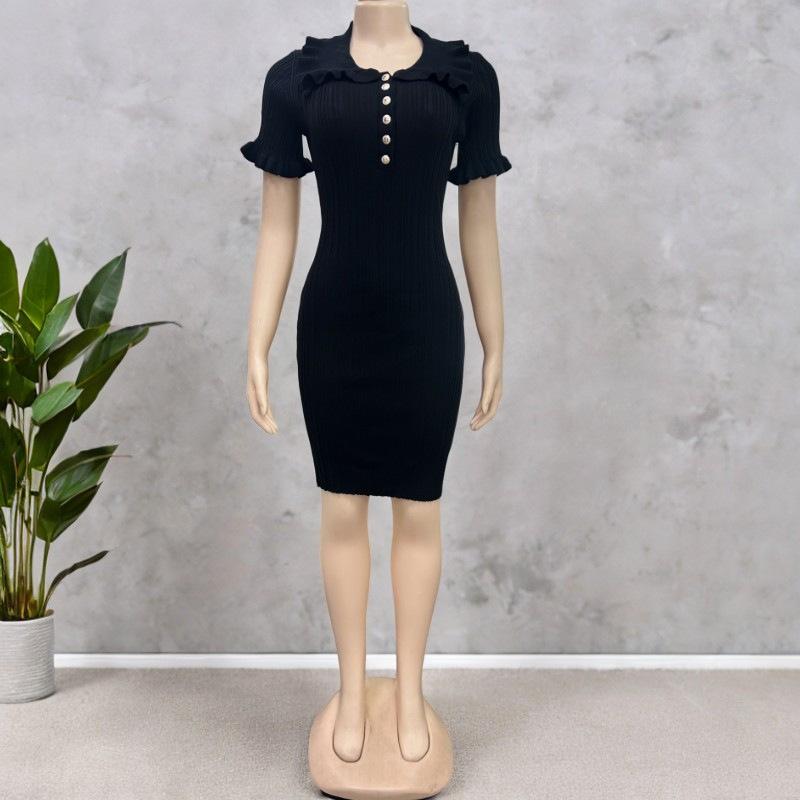 Retro Ruffled Button Down Knit Dress With Collar