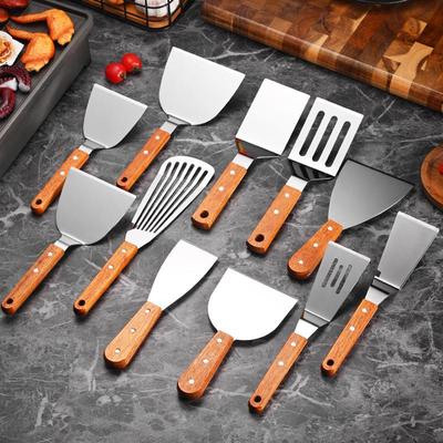 Spatola da Cucina Multiuso in Acciaio Inossidabile con Manico in Legno: Spatola per Teppanyaki, Piastra, Forata, Bistecca, Triangolare, Pizza, Torta, Pancake