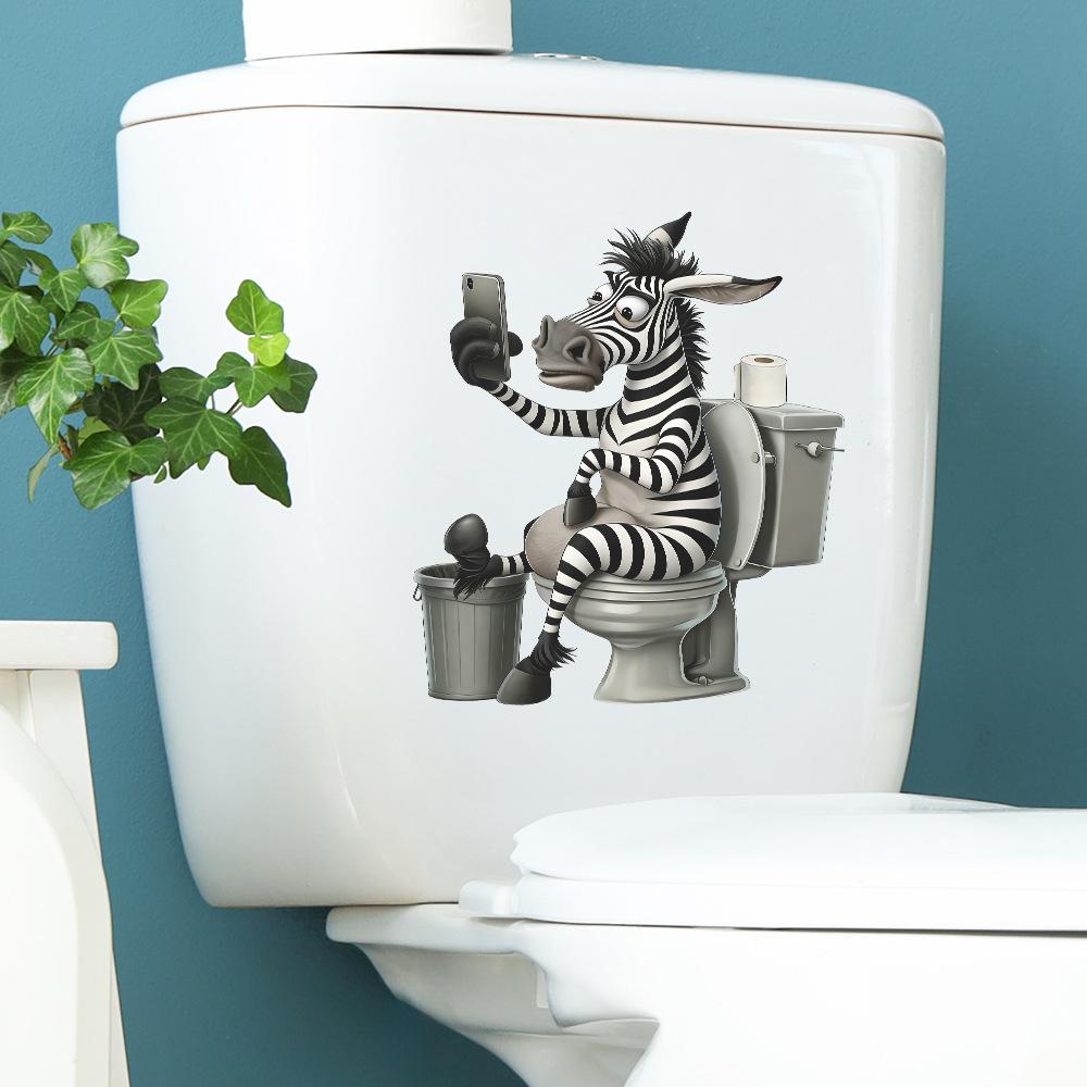 Creative Eco Friendly PVC Personality Zebra Playing Phone In Toilet Wall Sticker Removable Waterproof Self Adhesive Toilet Decor Sticker