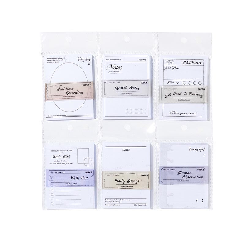 Retro White Kraft Paper Memo Pad - Life Imprint Series, 50 Sheets, 6 Styles for Collage & Writing