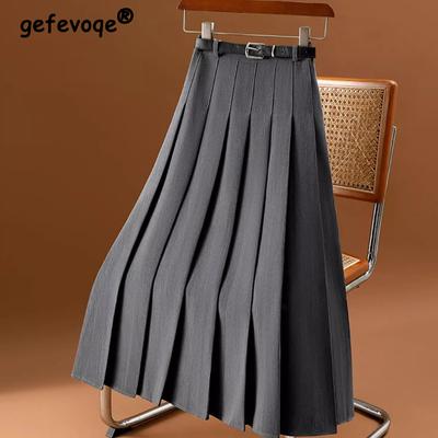 Autumn Winter High Waist Vintage Pleated All-match Skirt Women Solid Color Elegant Fashion A-line Folds Skirts