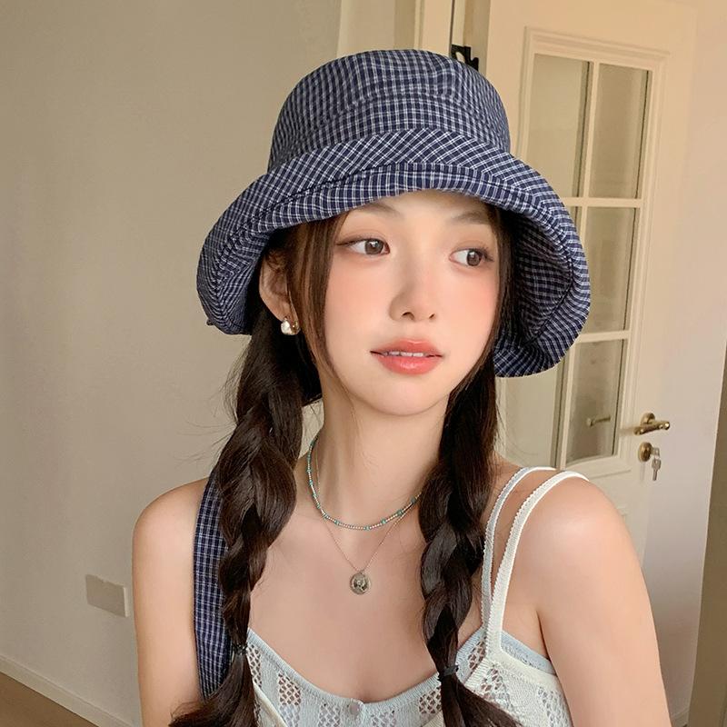 

Korean Plaid Bucket Hats for Women Summer Foldable Fisherman Cap Outdoor Big Brim Sun Protection Basin Caps 56-58cm
