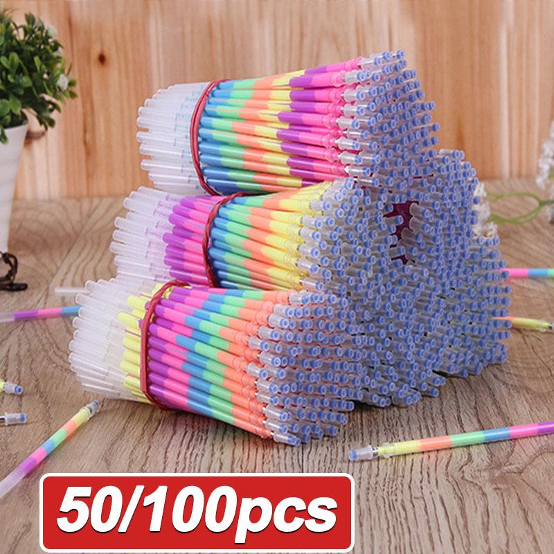50/100pcs Multicolor Rainbow Highlighters 0.5mm Gel Pen Refills School Supplies