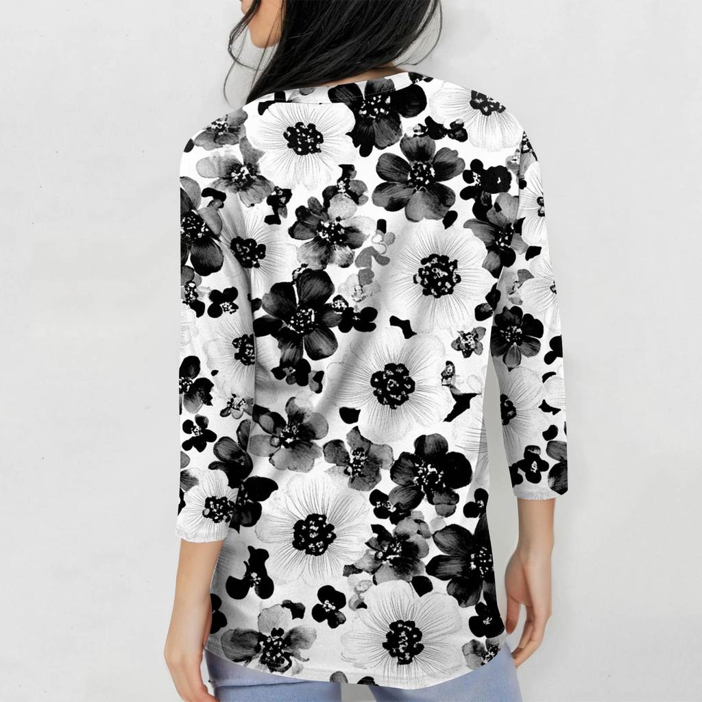 Women's Fashion Casual Seven Sleeve Printed Round Neck T-Shirt Top