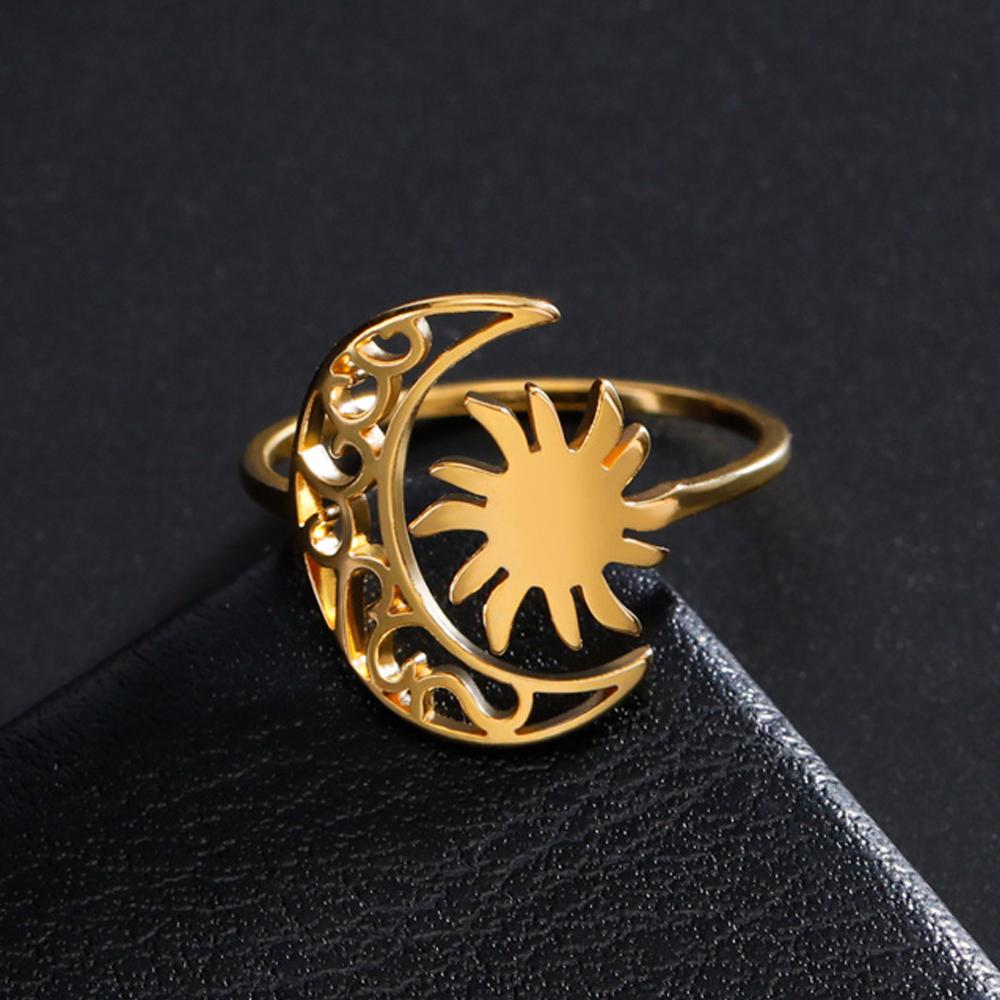 My Shape Sun Moon Rings for Women Men Stainless Steel Gold Color Simple Adjustable Open Size Finger Rings Jewelry Gifts Female