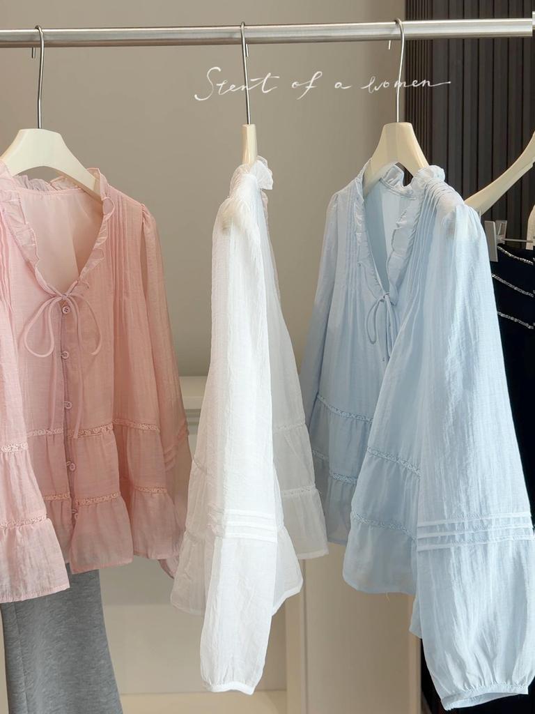 2026 Spring/Summer Women's French V-Neck Ruffle Tie-Up Loose Lantern Sleeve Shirt