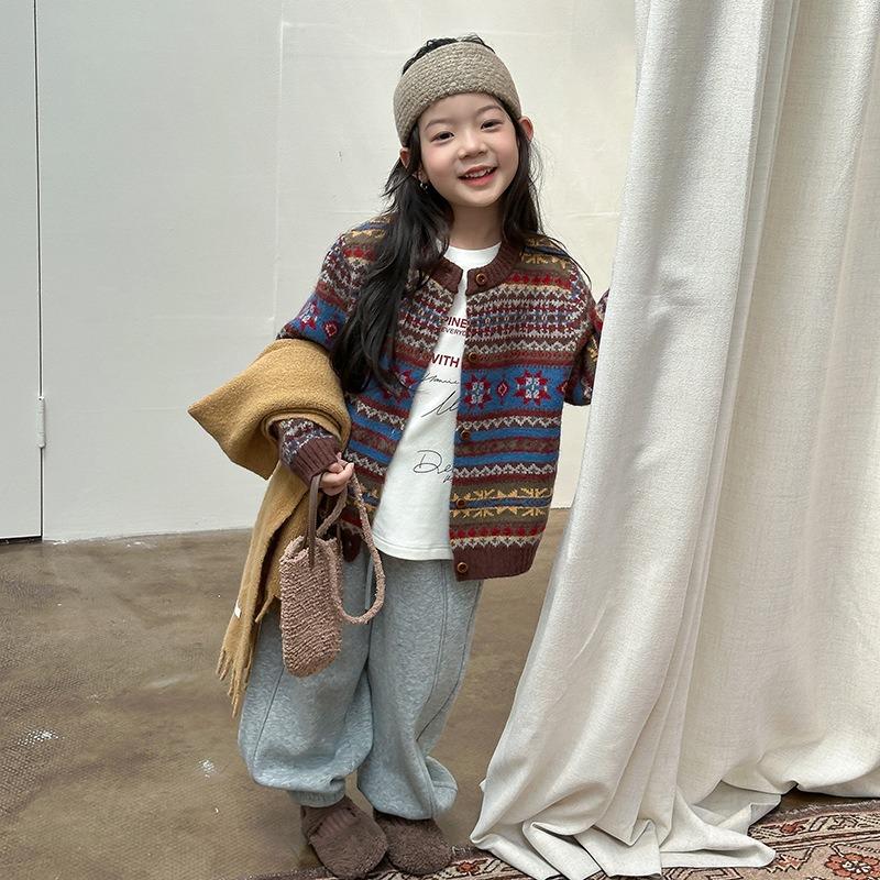 Girls Kids Vintage Fair Isle Jacquard Knit Cardigan Sweater Winter Outerwear