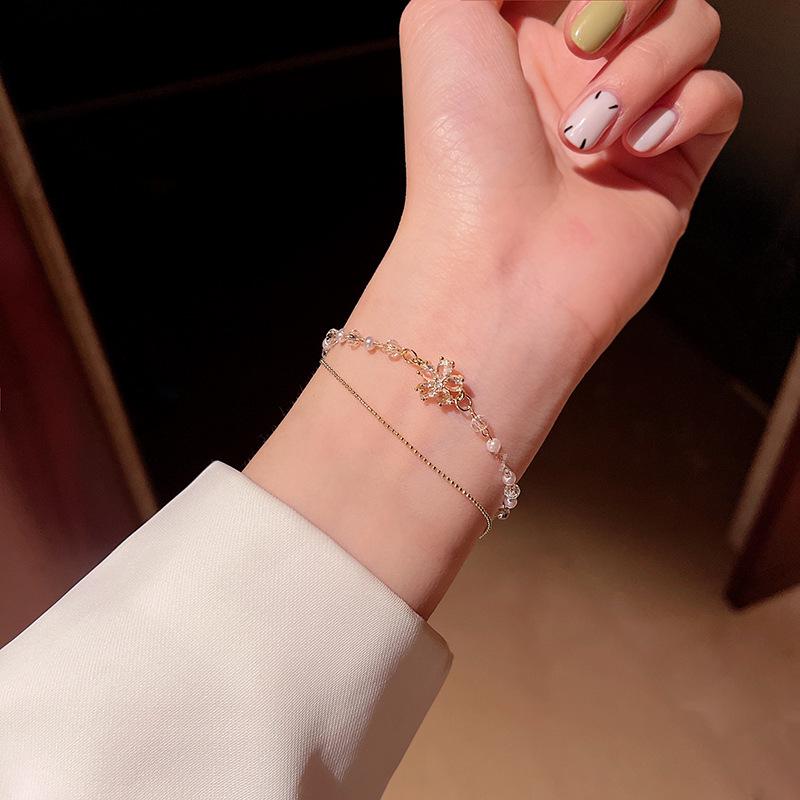 Trendy Titanium Steel Double Pearl & Zircon Flower Pendant Bracelet for Women - Korean Fashion Jewelry