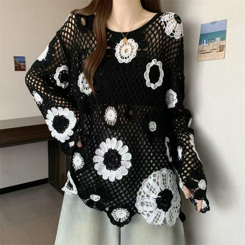 Bohemian Crochet Hollow Knit Sweater for Women Loose Color-Block Long-Sleeve Knit Pullover Top