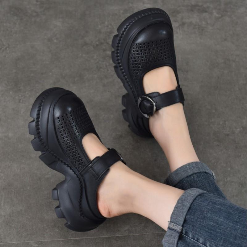 Johnature Легкі шльопанці з товстою підошвою та круглим носком з натуральної шкіри, перфоровані, дихаючі, жіноче взуття