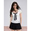 Sweet Retro White Polka Dot Bow Streamer U-neck Short-sleeved T-shirt Women's Summer Slim Waist Fake Two-piece Top