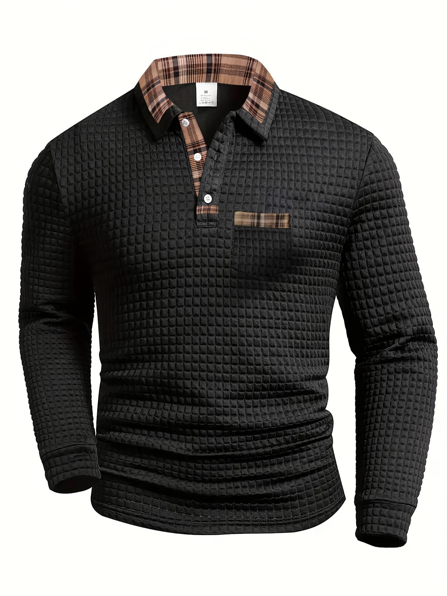 

Men s Spring Autumn Polo Shirt, Casual Solid Color Patchwork Plaid Long Sleeve Shirt with Pocket, Collared Athletic Top S чёрный