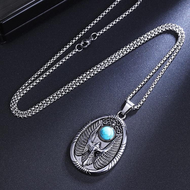 European & American Retro Turquoise Flying Eagle Titanium Steel Pendant Necklace