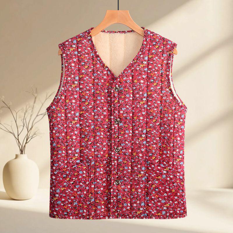 Květinová fleecem podšitá teplá vesta pro ženy středního a staršího věku