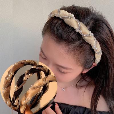 Cerchietto coreano con doppia perla e strass, in pizzo intrecciato, con cerchietto per capelli, con castone e cristalli, per donne e ragazze, accessori per capelli