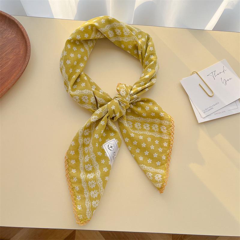 Women's Retro Floral Silk Cotton Scarf: Black Rice Square, Hair Band, Neck Warmer, Headscarf - Spring/Summer.