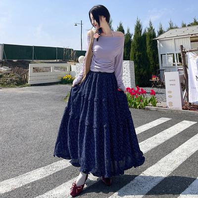 Korean Retro Blue Floral Skirt Women's Spring New High-waisted A-shaped Skirt Casual Long Skirt
