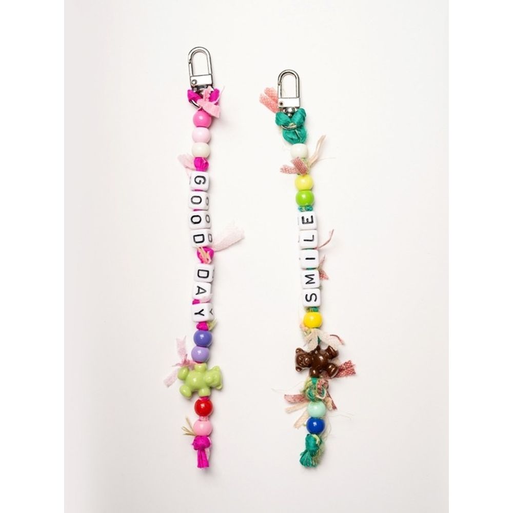 

BONBEAU Silk tweed ribbon initial bear key ring Tweed ribbon initial bear bead phone strap key ring green