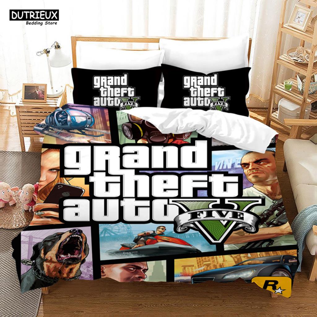GTA V Game - Themed Cartoon Bedding Set with Duvet Cover and Pillowcase, Including Comforter