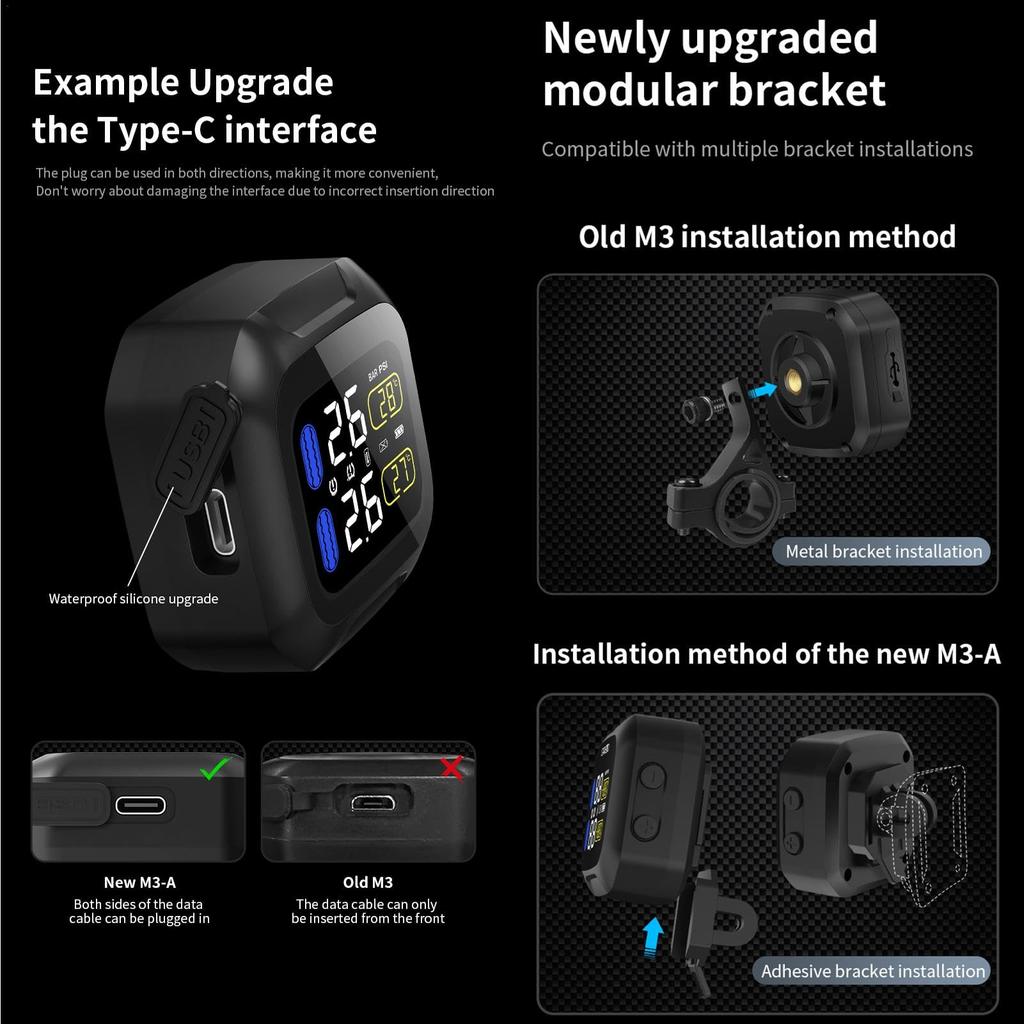 Kabelloses Motorrad-TPMS, Kabelloses TPMS für Motorräder - Kabelloses TPMS Solar-USB Reifendruck