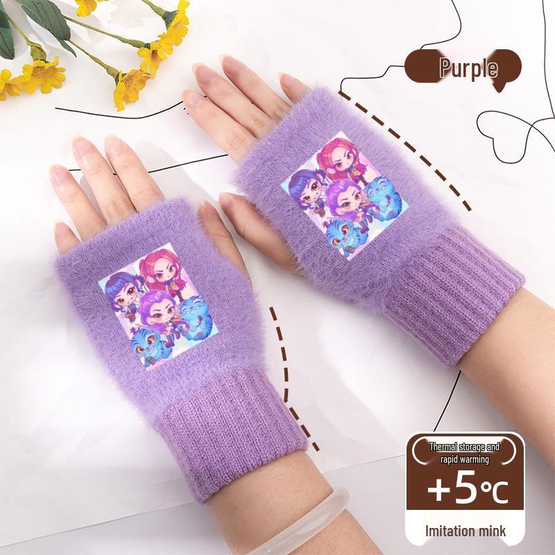 Kpop Women's Fingerless Knitted Gloves - Versatile Warm Plush Autumn/Winter Half-Finger Hand Socks, Solid Color for Students.