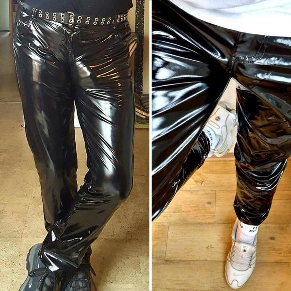 Siyah Islak Görünüm Lateks Erkek Pantolon Sıvı Pantolon Erkekler için Motosiklet Deri Pantolon Rock Tarzı Pantolon